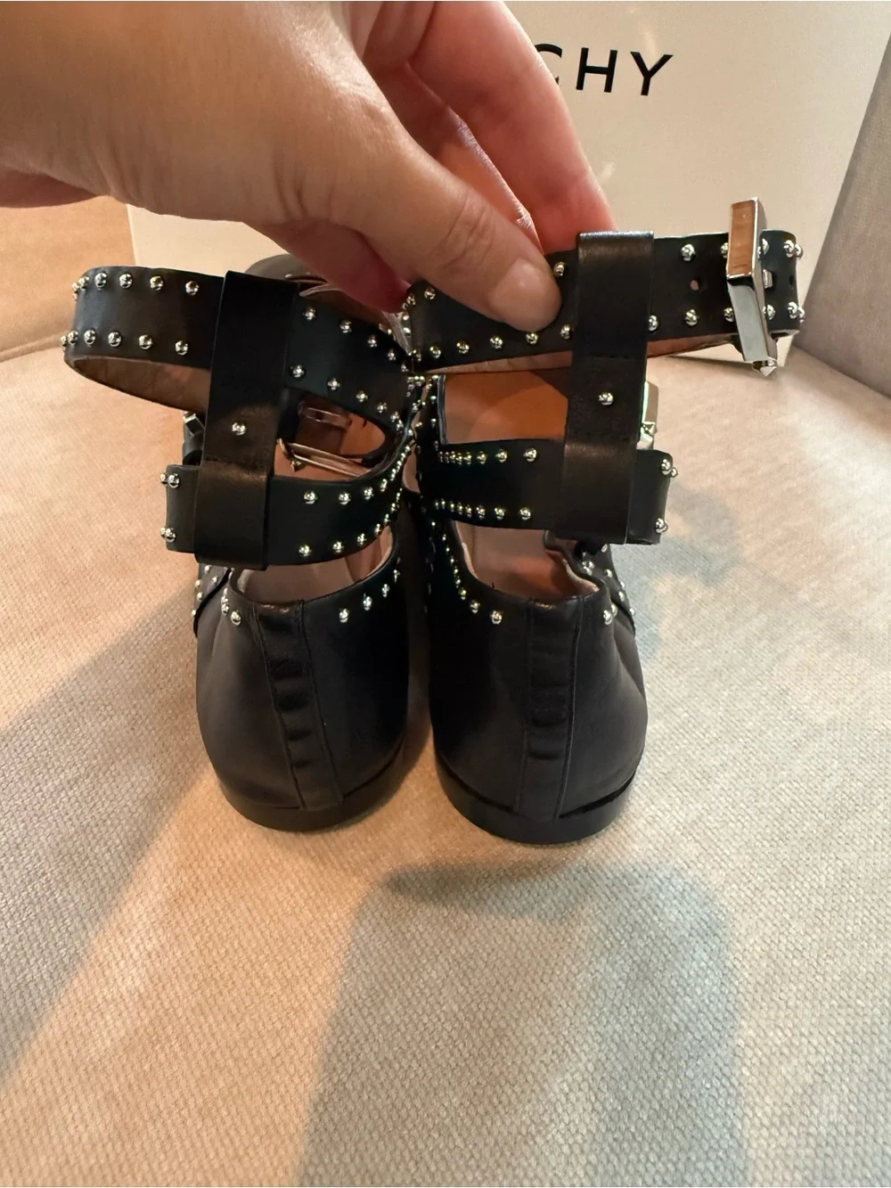 Givenchy Black Studded Leather Strappy Square-Toe Flats